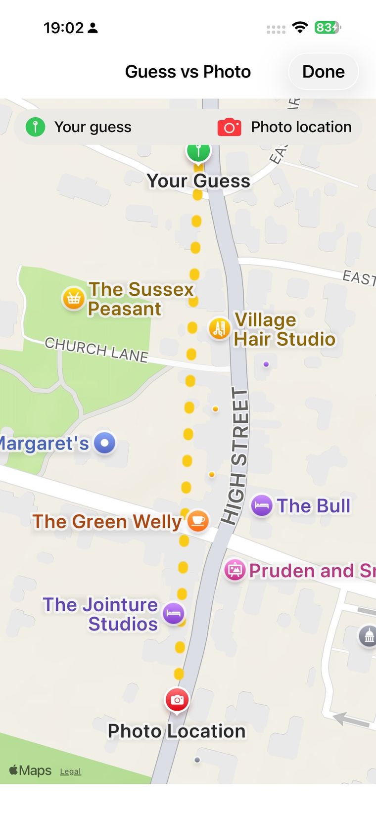 Zoom Quest guess versus photo map showing the distance between your pin and the photo location