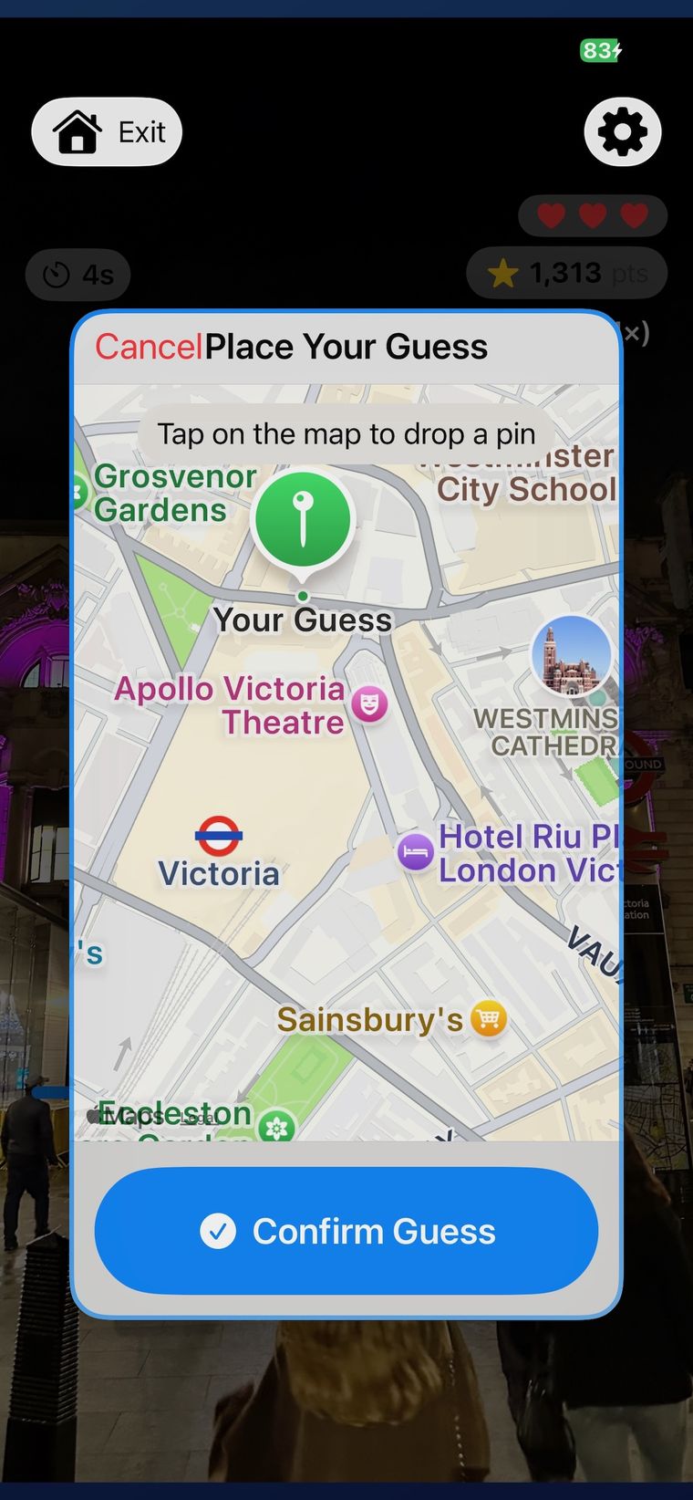 Zoom Quest map overlay — tap to drop a pin and confirm your guess