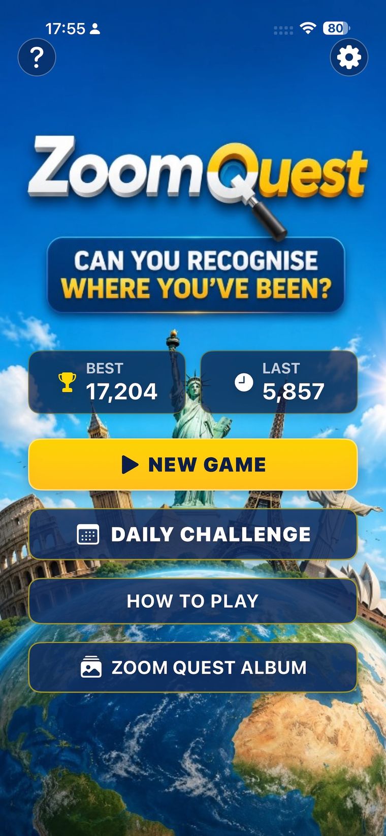 Zoom Quest start screen on iPhone showing New Game and Daily Challenge