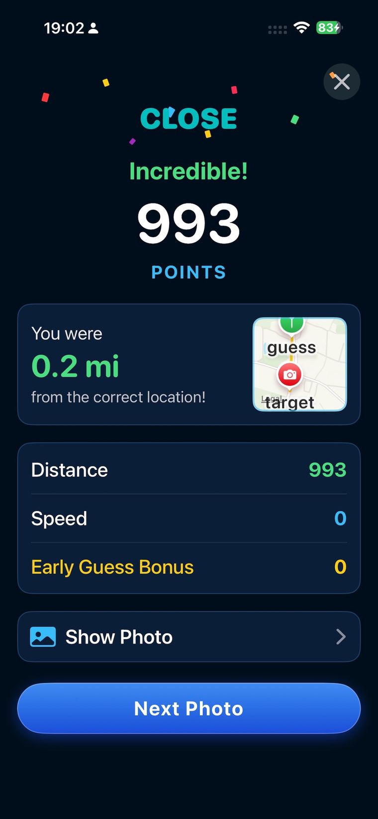 Zoom Quest result screen — 993 points, 0.2 miles from the correct location